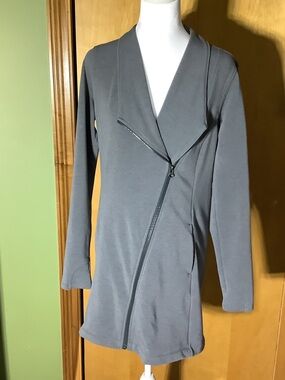Athleta gray asymmetrical long moto style jacket, size medium